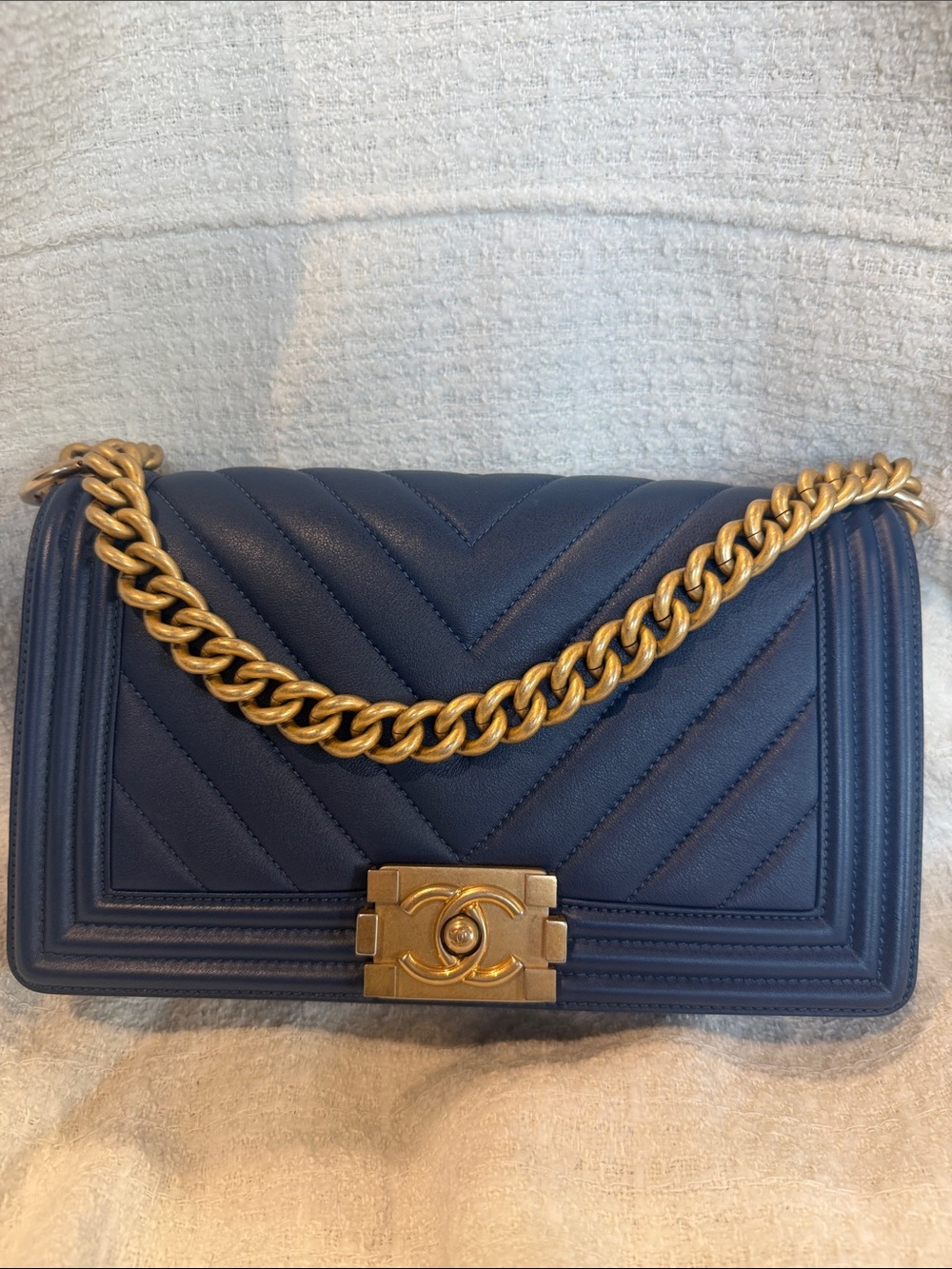 CHANEL Navy Chevron Quilted Boy Flap Bag with Gold Chain